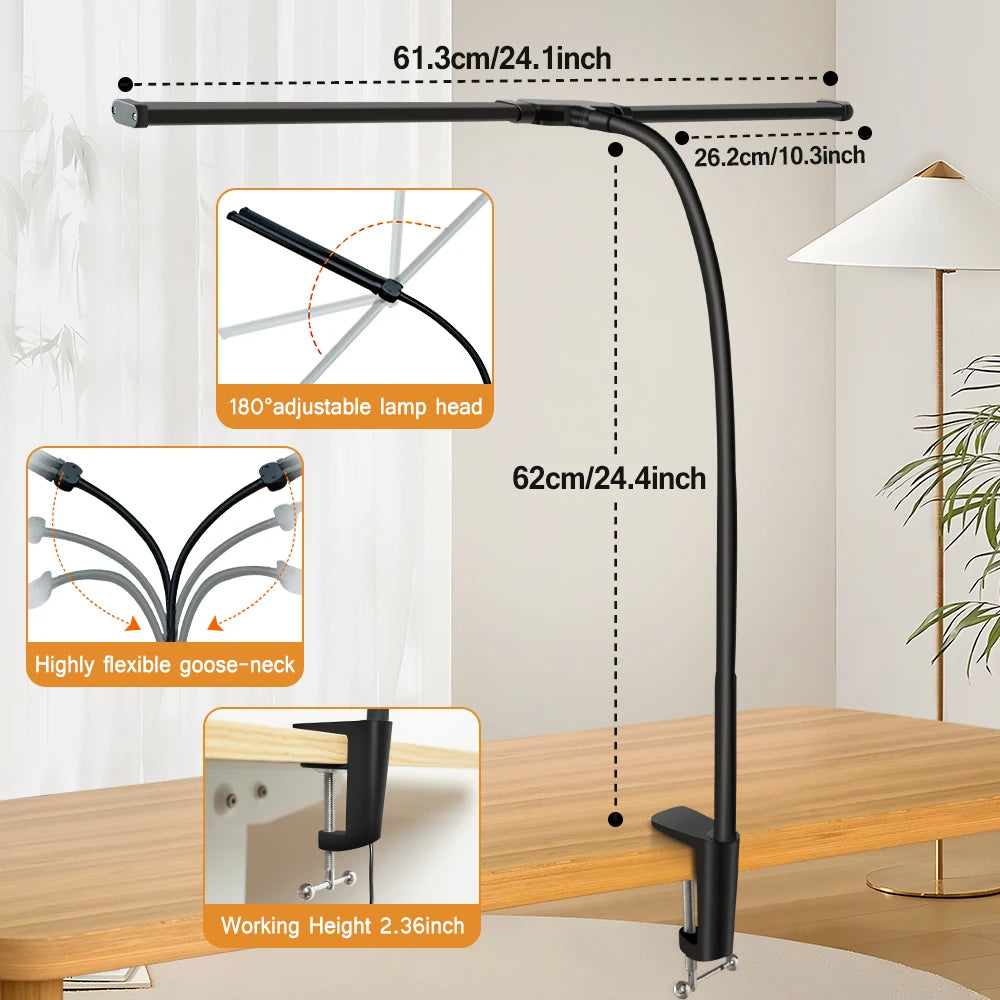 Double Head LED Clip Desk Lamp Architect Table Lamp with 3 Color Modes & 10 Dimmable Levels