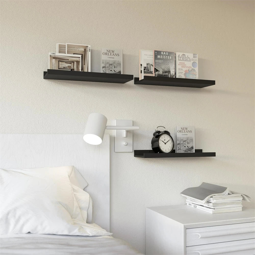 Set of 3 Floating Wall Shelves with Safety Ledge – Wall-Mounted Wooden Shelves for Home Décor