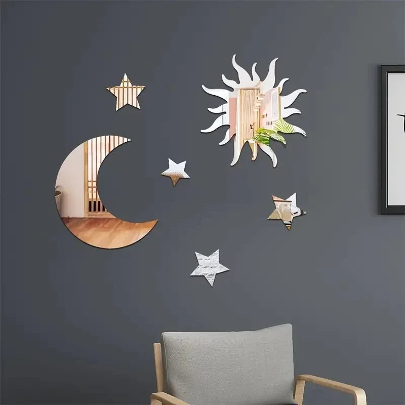 6PCS Star & Moon Acrylic Mirror Wall Stickers – Modern DIY Home Décor for Living Room & Bedroom