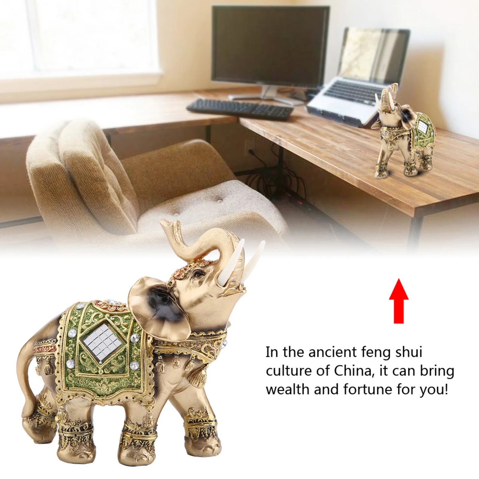 Lucky Feng Shui Elephant Figurine – Green Ceramic Statue for Wealth & Good Fortune Home Decoration