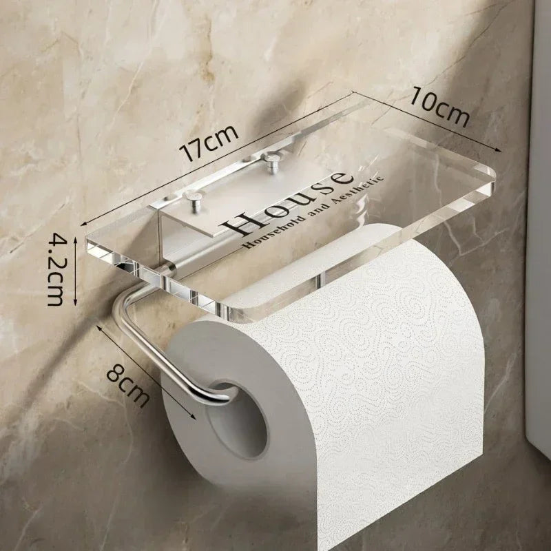 Luxury Gold Toilet Paper Holder with Shelf – No Punching Acrylic Tissue Hanger for Bathroom