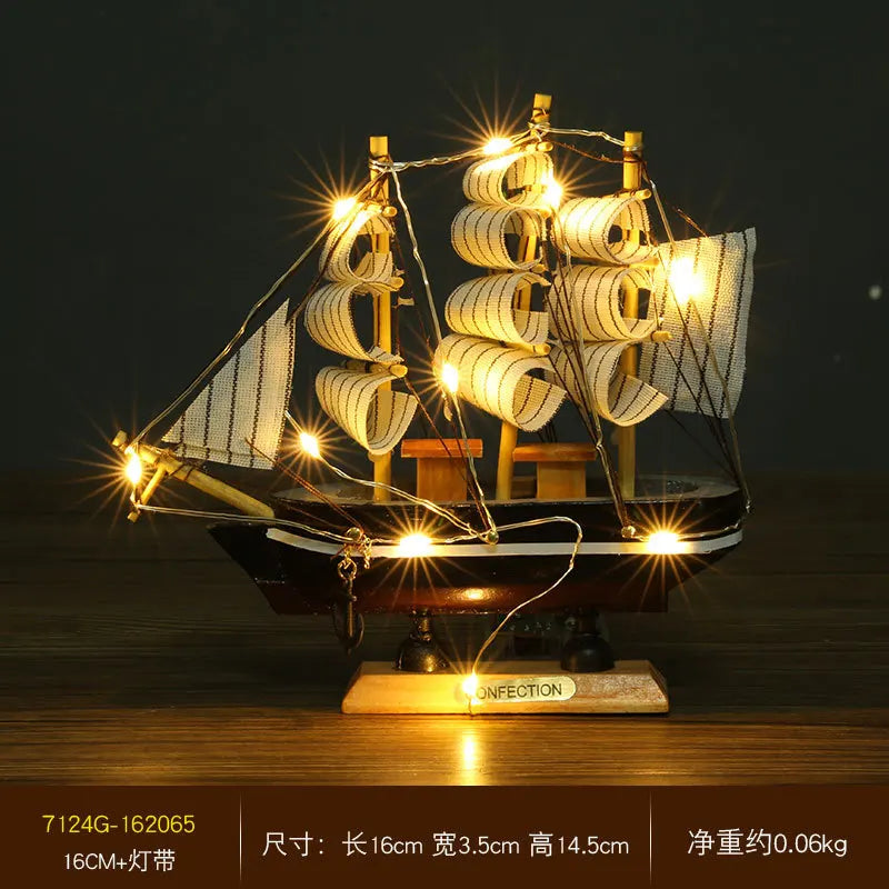 Pirate Ship Sailboat Model Wooden Small Boat Decoration with LED for Cake Ornaments & Tabletop, 16-20cm