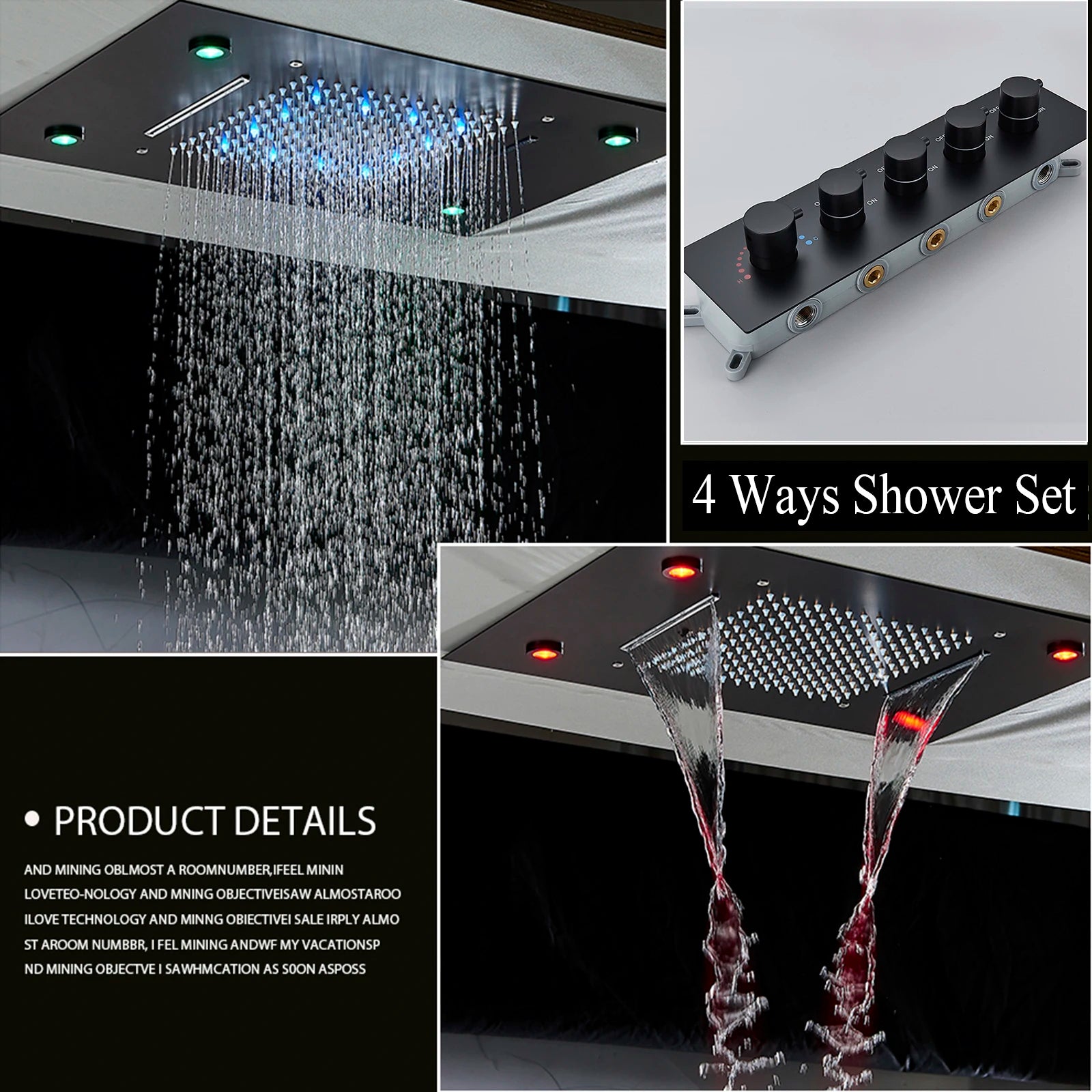 Luxury Black LED Constant Temperature Shower Faucet with Color Changing Rainfall and Waterfall System