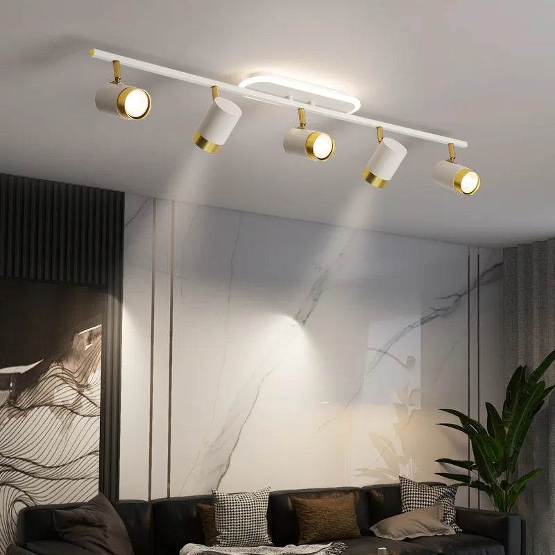 Nordic Strip LED Chandelier with Spotlights – Modern Flush Mount Ceiling Light for Living Room, Bedroom, Balcony, and Corridor