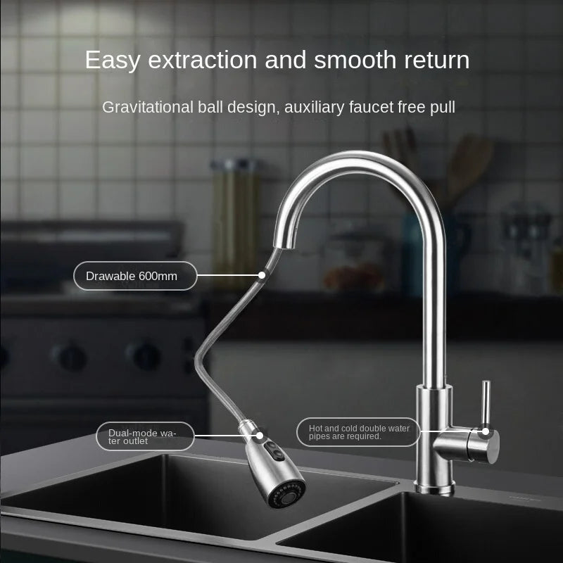 Brushed Kitchen Faucet - Single Hole Pull Out Spout Mixer Tap with 360 Rotation