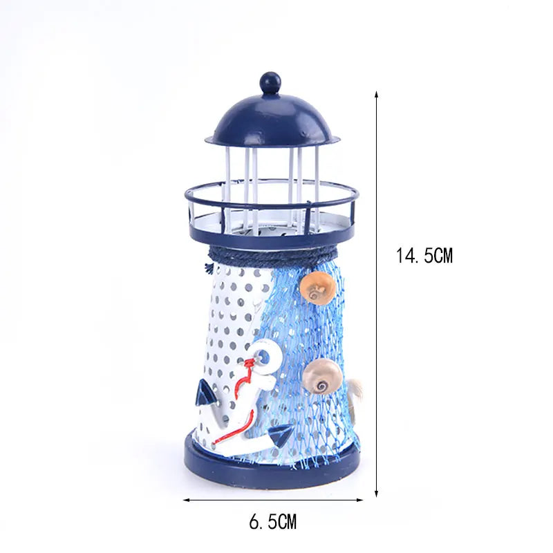 Nautical Lighthouse Ornaments – Metal Beacon Tower Figurines with Fishing Net, Starfish & Shell Accents