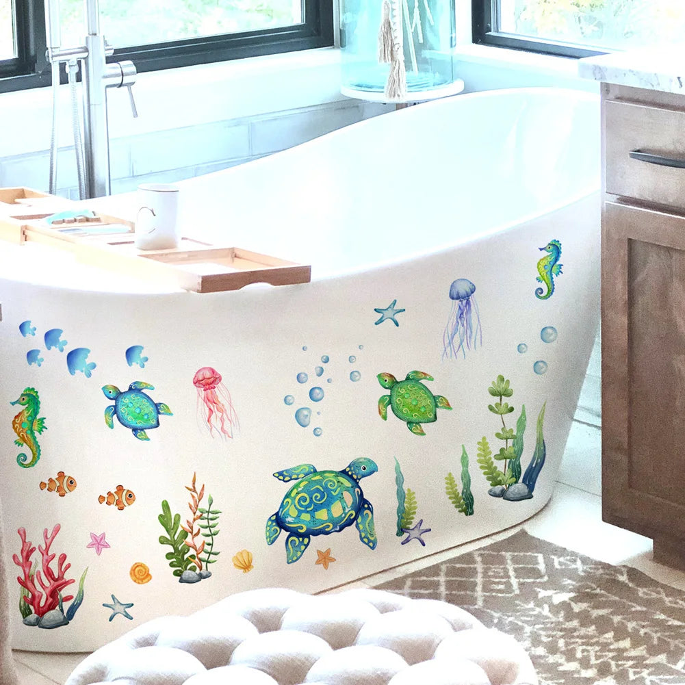 Cartoon Sea Turtle & Seahorse Wall Stickers – Self-Adhesive Marine Animal Décor for Kids' Rooms & Bathrooms