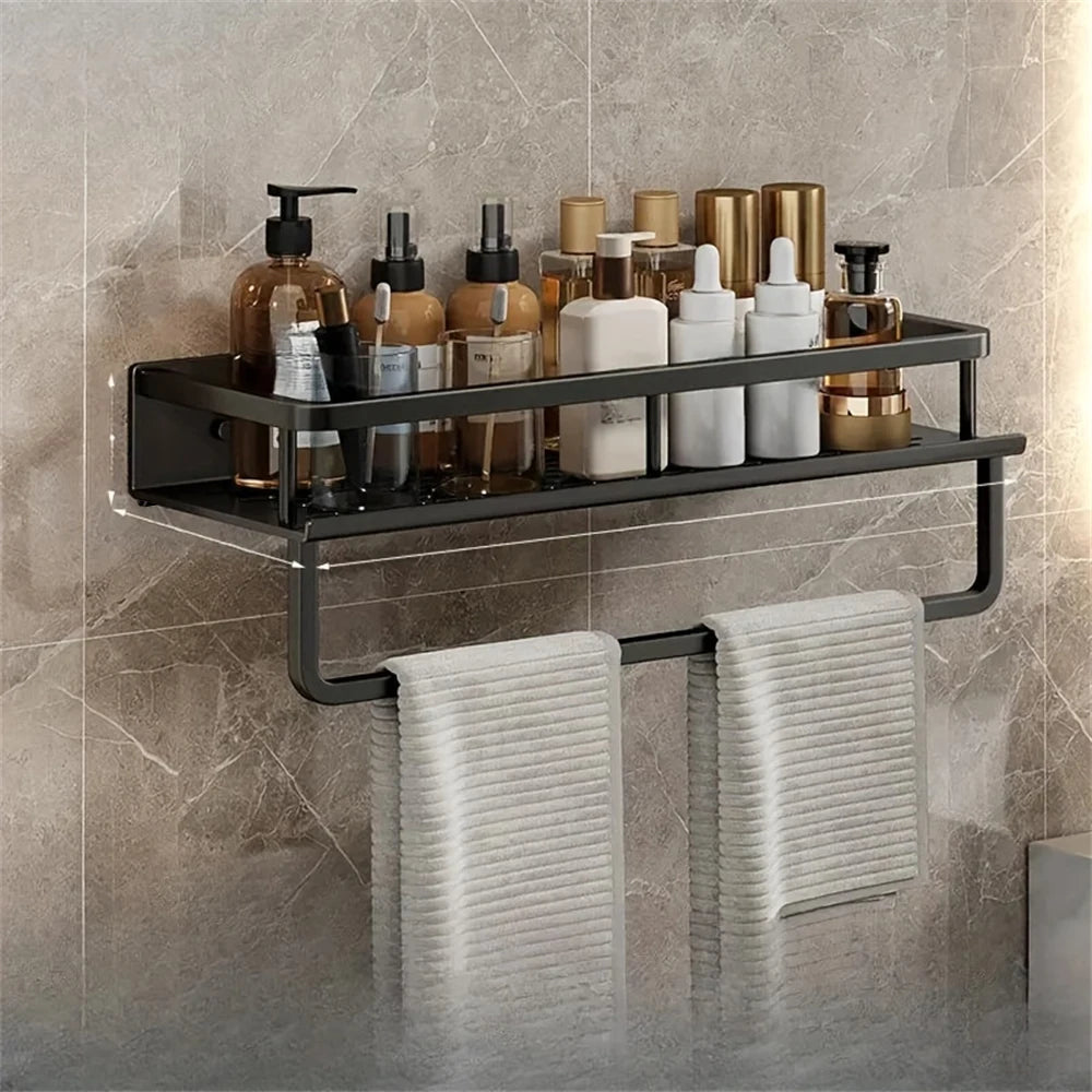 Wall-Mounted Multi-Functional Storage Rack Bathroom Organizer with Hook Bar