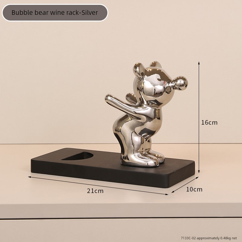 Electroplated Bear Wine Rack – Modern Ceramic and Wood Wine Bottle Holder for Living Room or Bar Decor