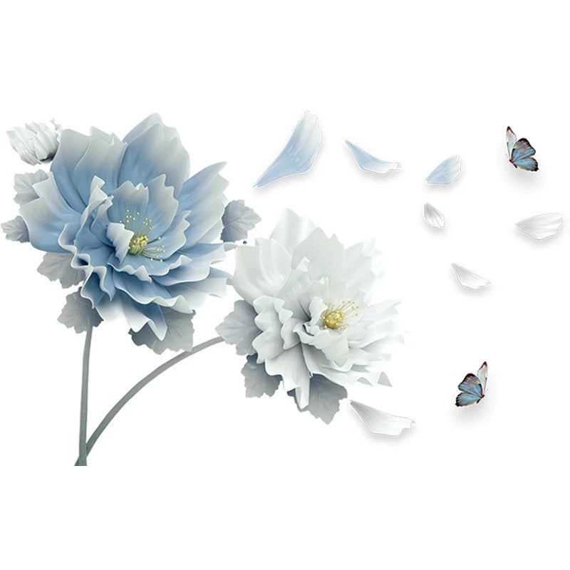 3D White & Blue Lotus Flower Wall Stickers – Removable Butterfly Decals for Home Décor