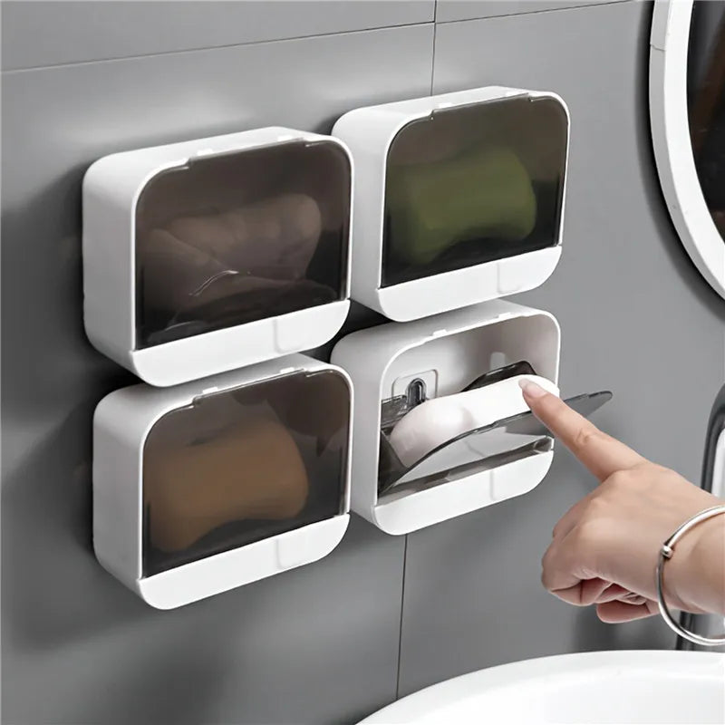 Wall-Mounted Double Grid Soap Holder – Flip Lid, Drainage Design, No-Drill Installation