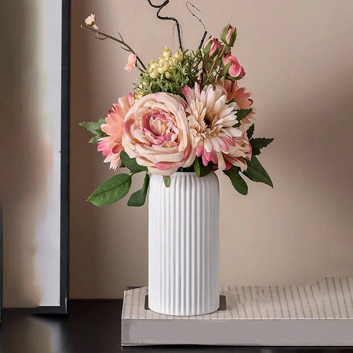 Striped Ceramic-Style Plastic Vase - Decorative Flower Arrangement Display