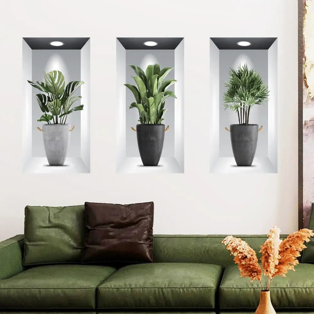 3-Piece 3D Greenery Potted Window Wall Stickers - Creative Stereo Wall Décor for Living Room, Bedroom, and Home