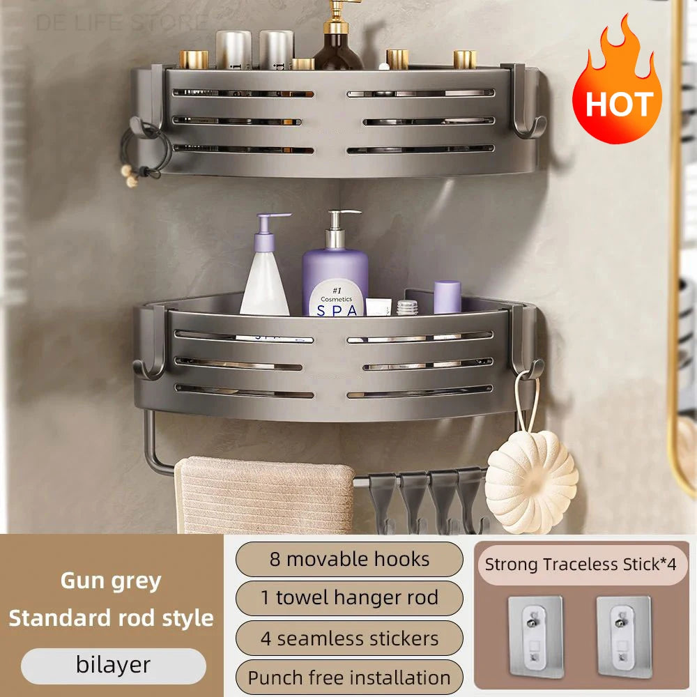 2 PCS Bathroom Corner Shelf with Plastic Hook & Towel Bar – No Drill Space Aluminum Shower Storage Rack