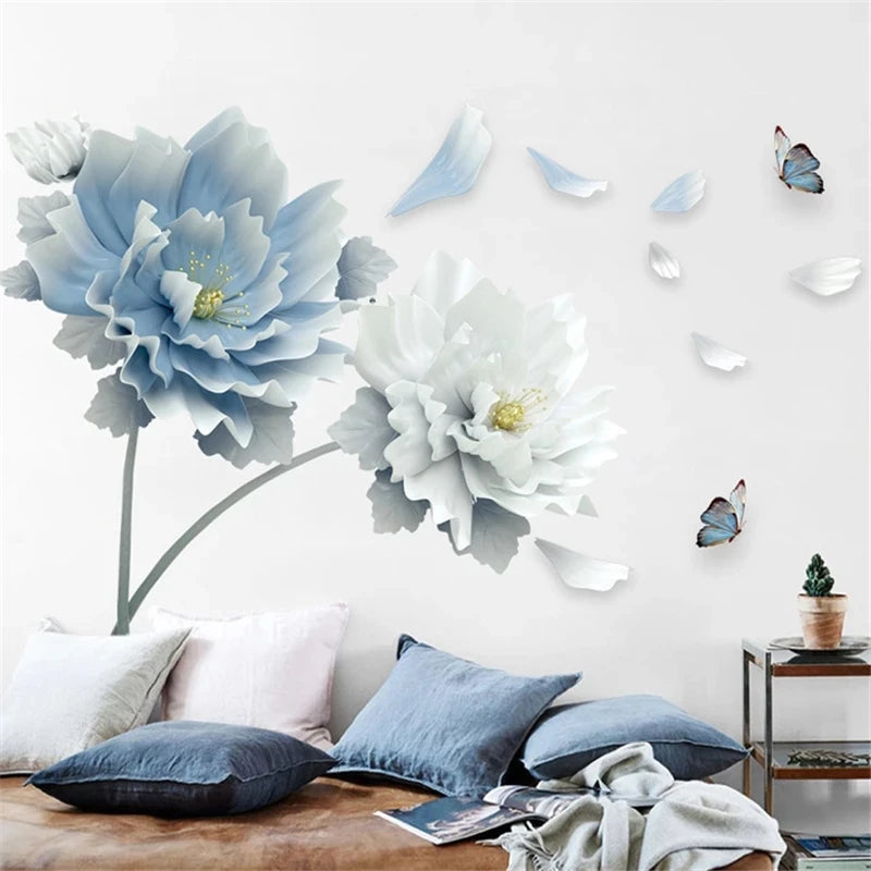 3D White & Blue Lotus Flower Wall Stickers – Removable Butterfly Decals for Home Décor