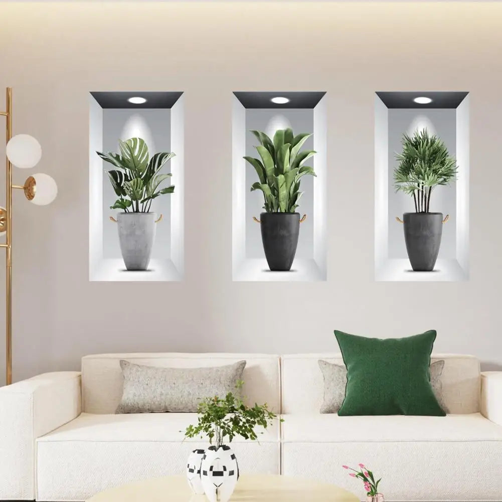 3-Piece 3D Greenery Potted Window Wall Stickers - Creative Stereo Wall Décor for Living Room, Bedroom, and Home