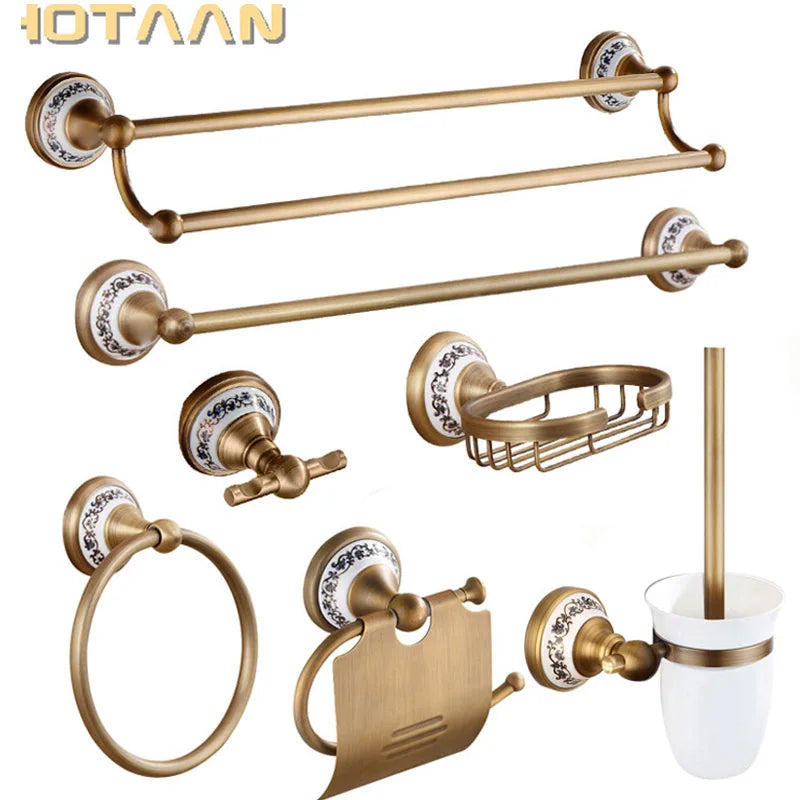 Antique Brushed Solid Brass Bathroom Accessories Set - European Porcelain & Ceramic Retro Bathroom Hardware