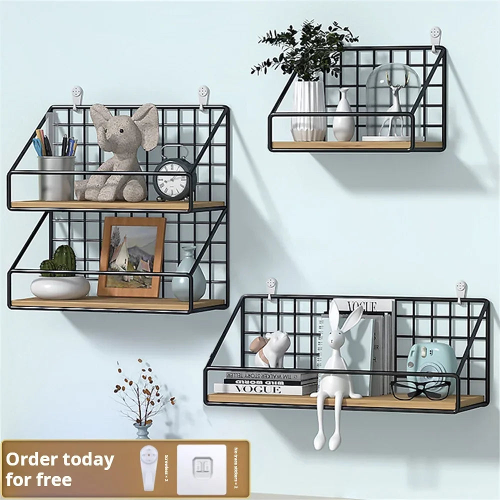 Wall-Mounted Metal & Wood Storage Shelves – Stylish Hanging Racks for Home & Office