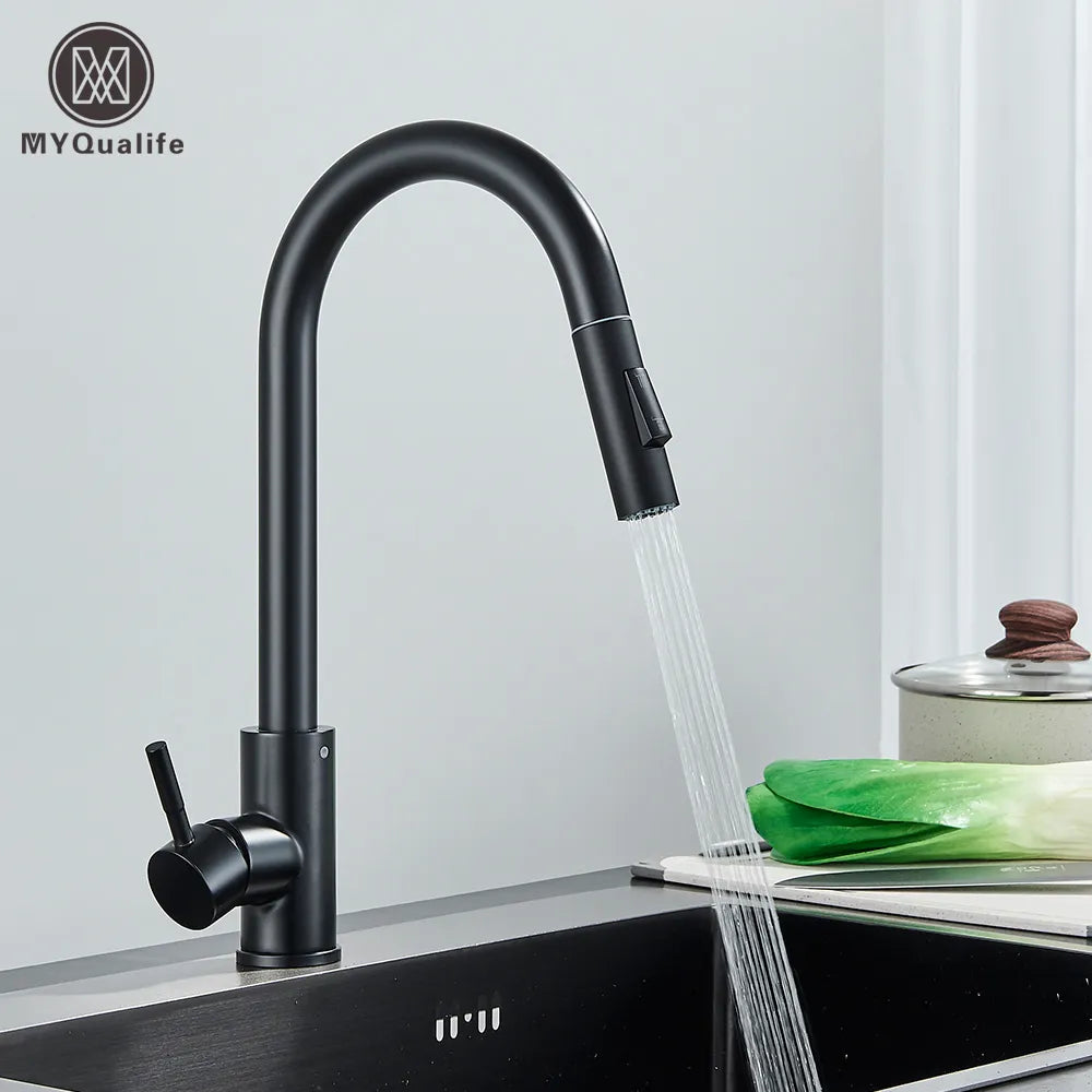 Black Kitchen Faucet Two Function Single Handle Pull Out Hot and Cold Water Taps with Deck Mounted