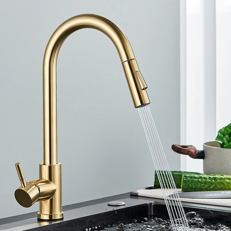 Brushed Gold Pull Out Kitchen Faucet Single Handle Mixer Tap 360° Rotation