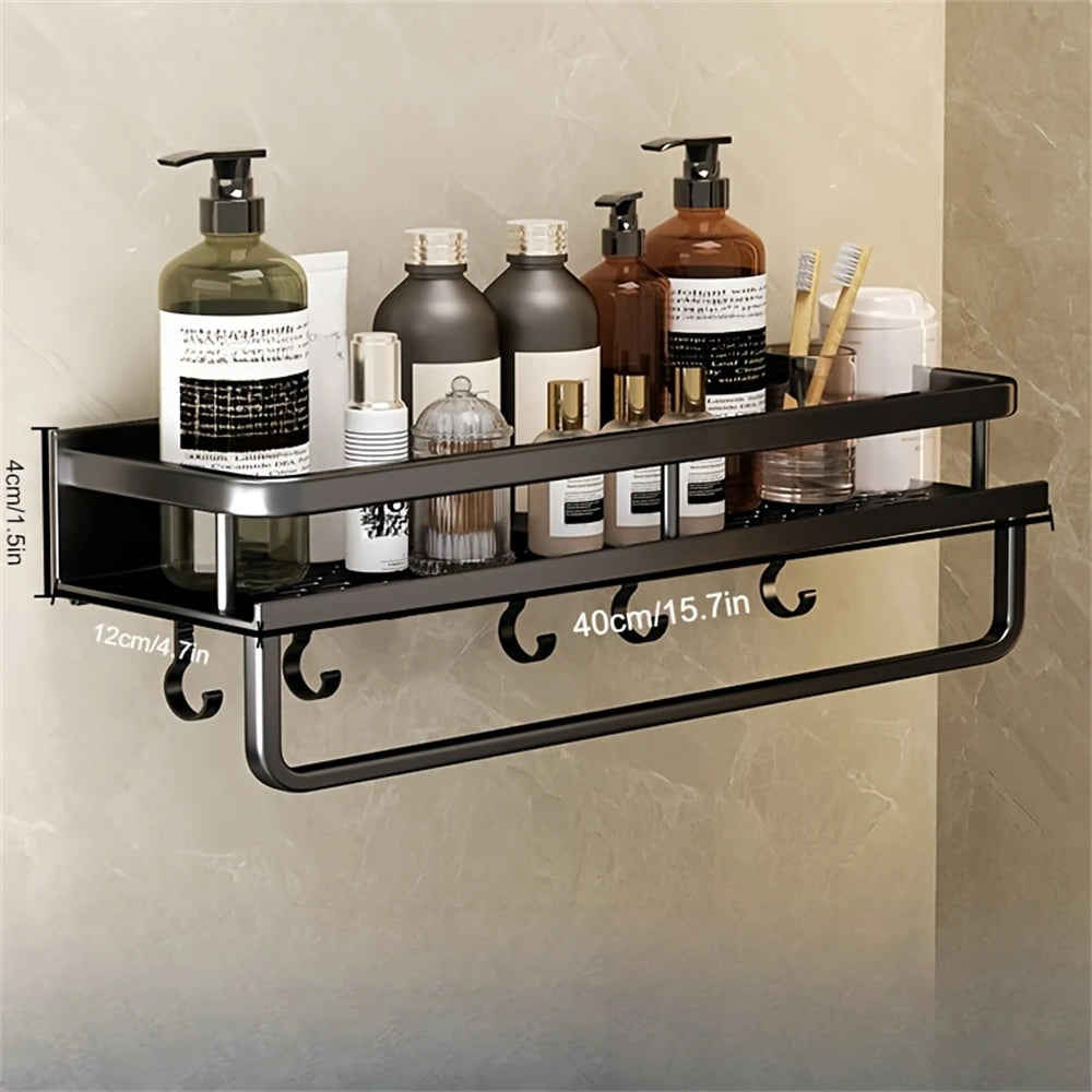 Wall-Mounted Multi-Functional Storage Rack Bathroom Organizer with Hook Bar