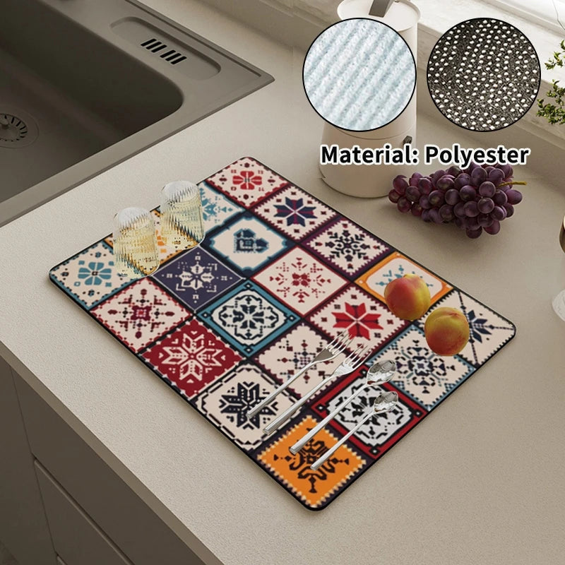 Retro-Style Absorbent Dish Drying Mat – Crystal Velvet Drainage Pad for Kitchen & Bathroom