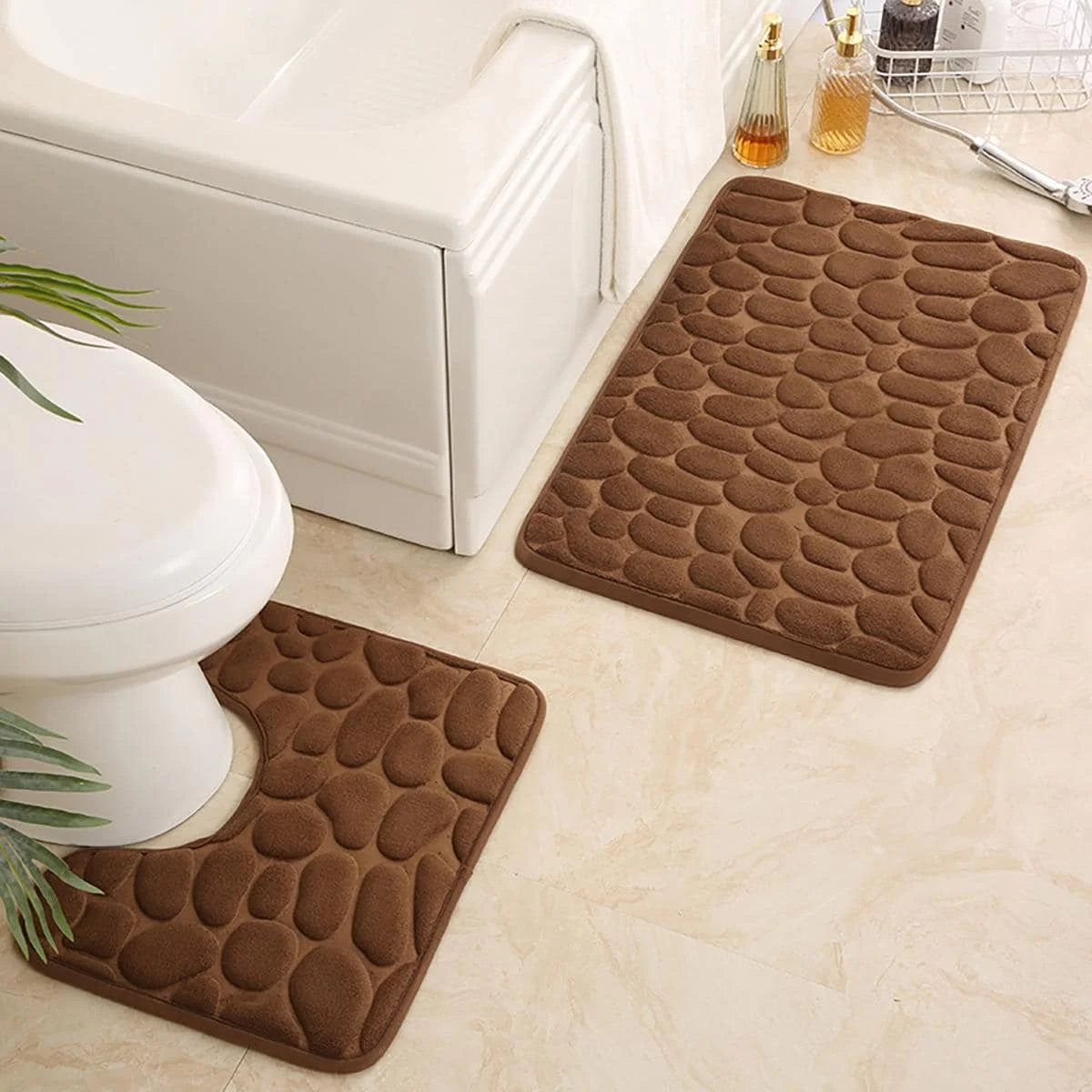 2PC Embossed Stone Pattern Toilet Mat Set – Non-Slip, Absorbent Microfiber Bathroom Mats