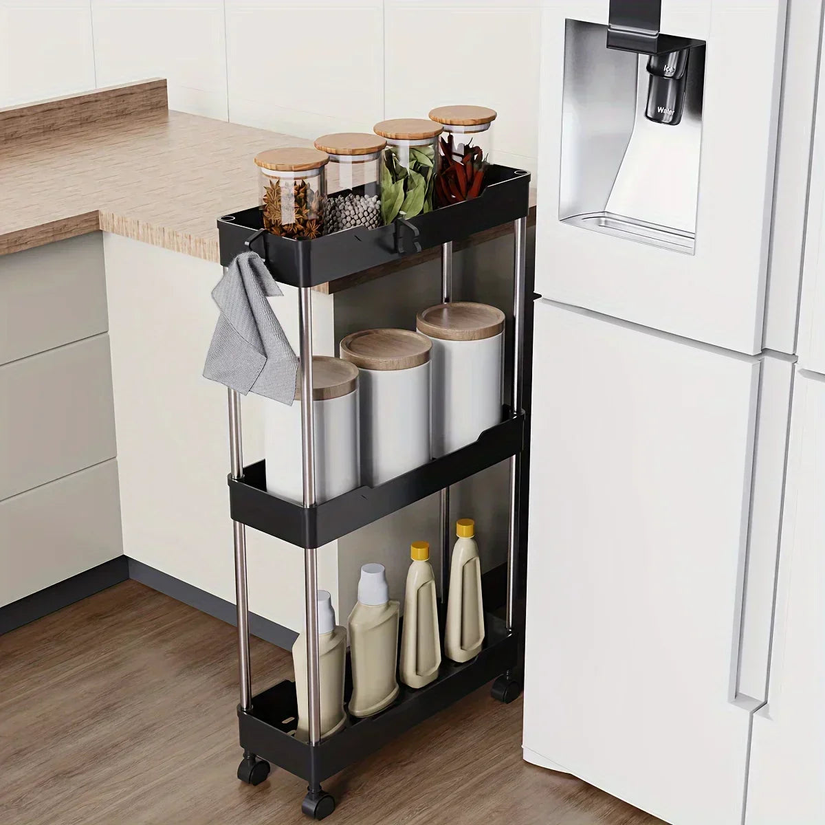 Bathroom Storage Rack with Wheels - 3/4 Layer Rolling Utility Cart, Multi-purpose Corner Shelf