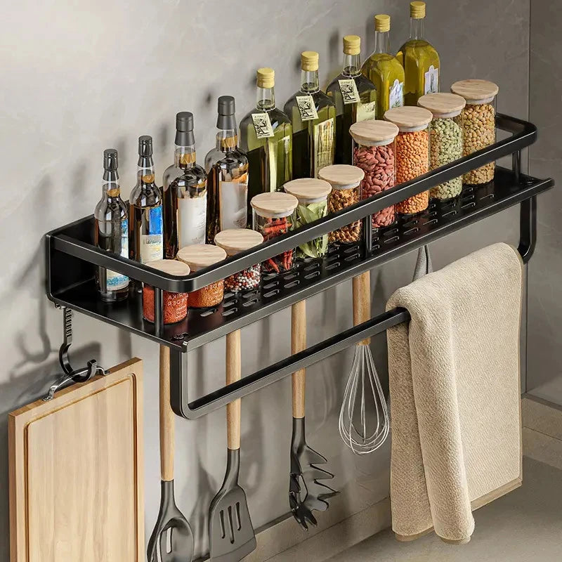 Kitchen Shelf Spice Storage Rack Wall-Mounted with Spatula, Spoon Hooks & Towel Bar