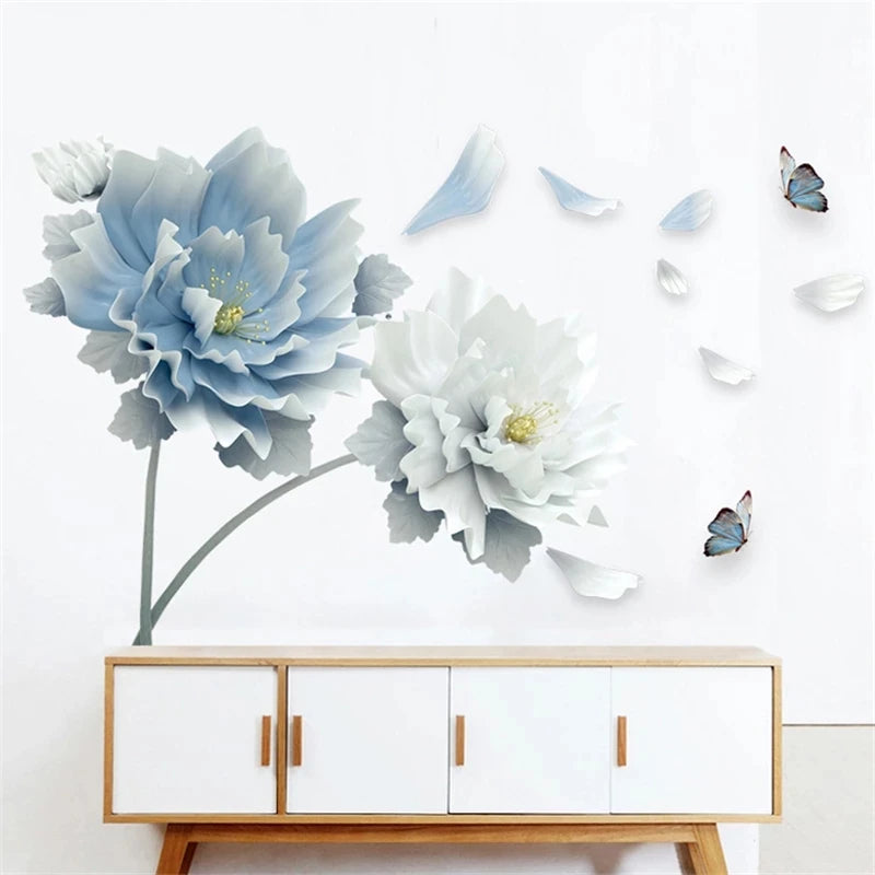 3D White & Blue Lotus Flower Wall Stickers – Removable Butterfly Decals for Home Décor