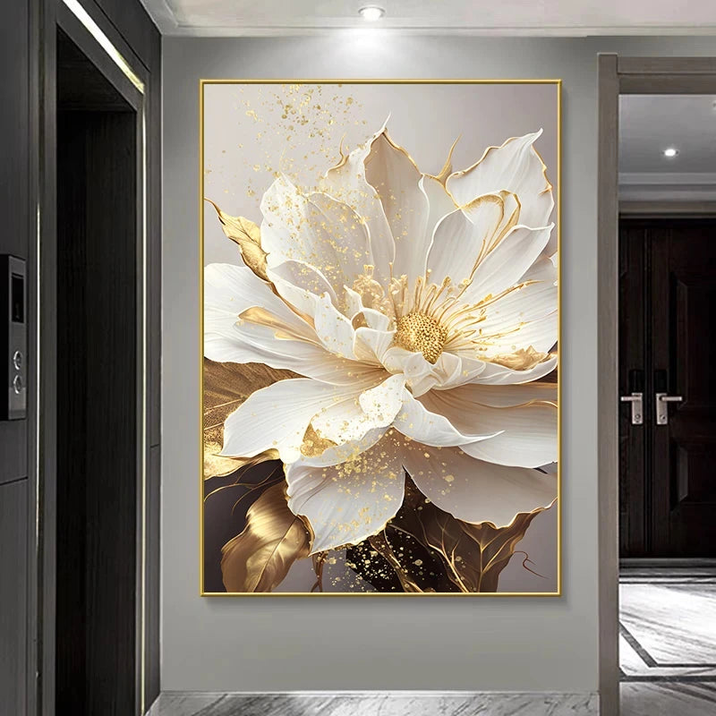 Gold Leaf and White Flower Canvas Wall Art - Unframed Modern Decor for Any Room