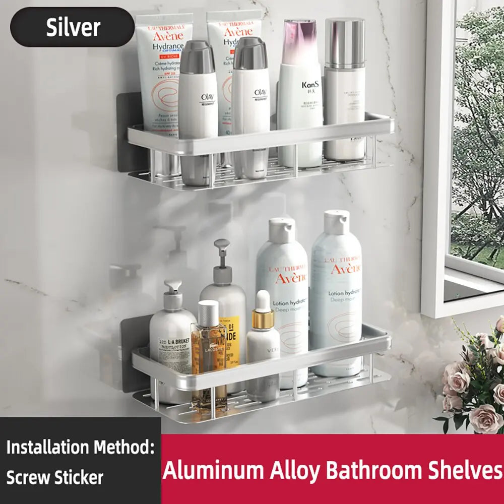 Wall-Mounted Aluminum Shampoo Rack – Bathroom Organizer with Towel Bar & Corner Shelf