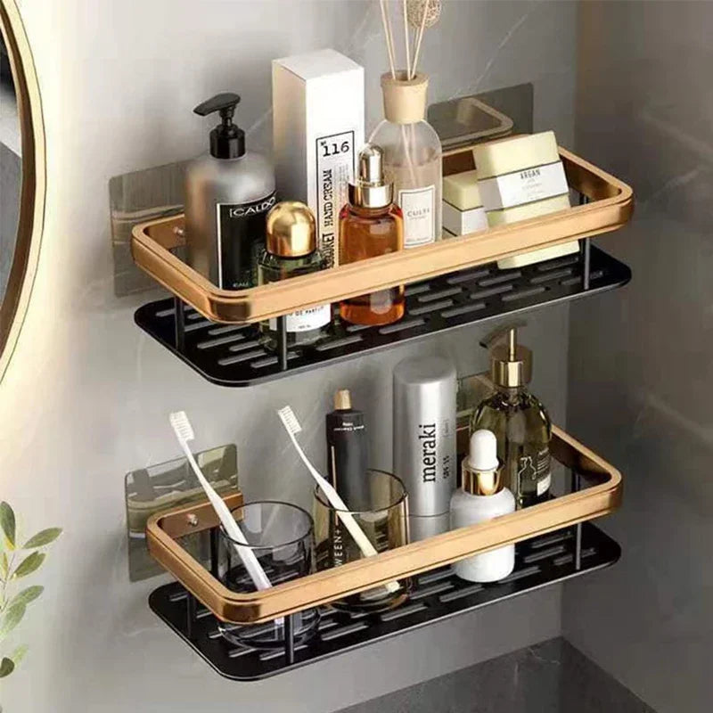 No-Drill Aluminum Bathroom & Kitchen Shelf – Wall-Mounted Shower & Storage Organizer