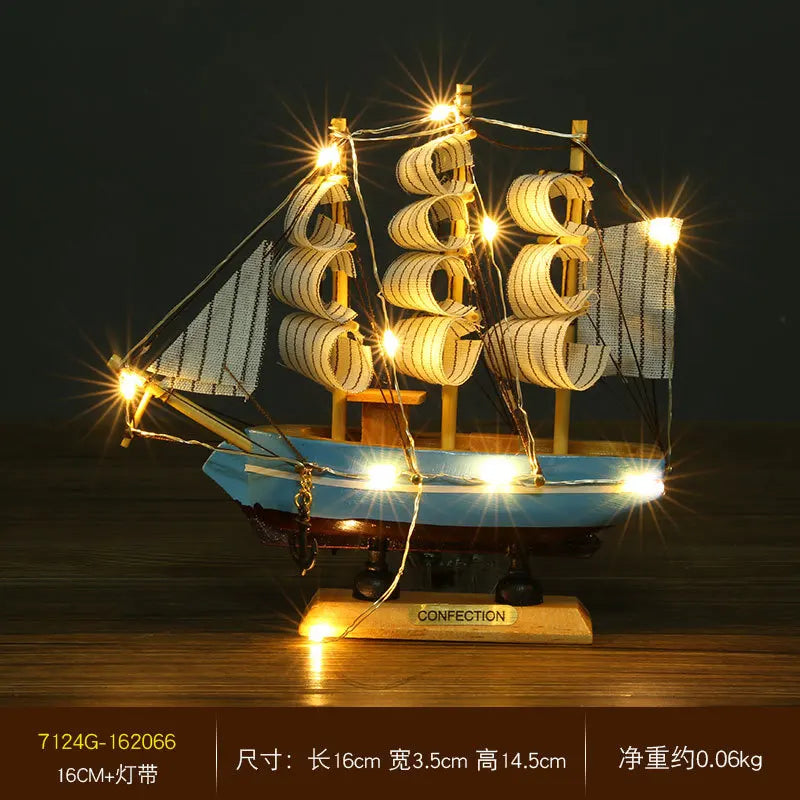 Pirate Ship Sailboat Model Wooden Small Boat Decoration with LED for Cake Ornaments & Tabletop, 16-20cm