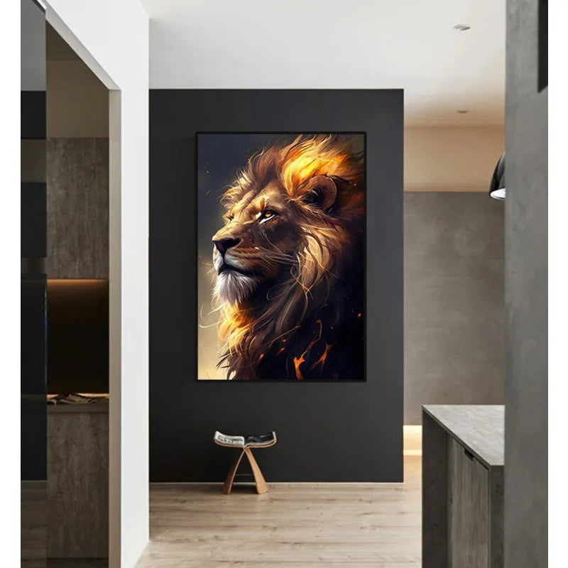 Black and Golden Light Lion Canvas Poster – Modern Animal Wall Art for Living Room