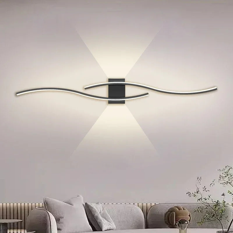 Modern LED Strip Wall Lamp - Double Curve with Remote Control, Black and Gold, for Living Room and Bedroom