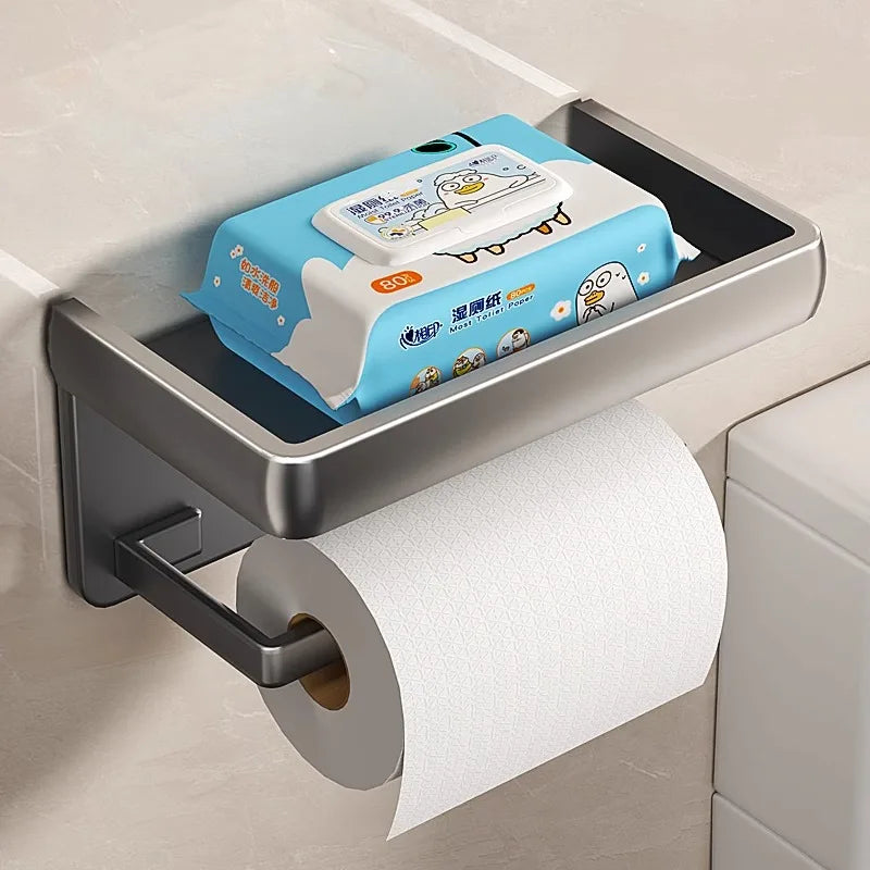 Aluminum Alloy Toilet Paper Holder with Phone Shelf – Wall Mount WC Storage Organizer for Bathroom Accessories