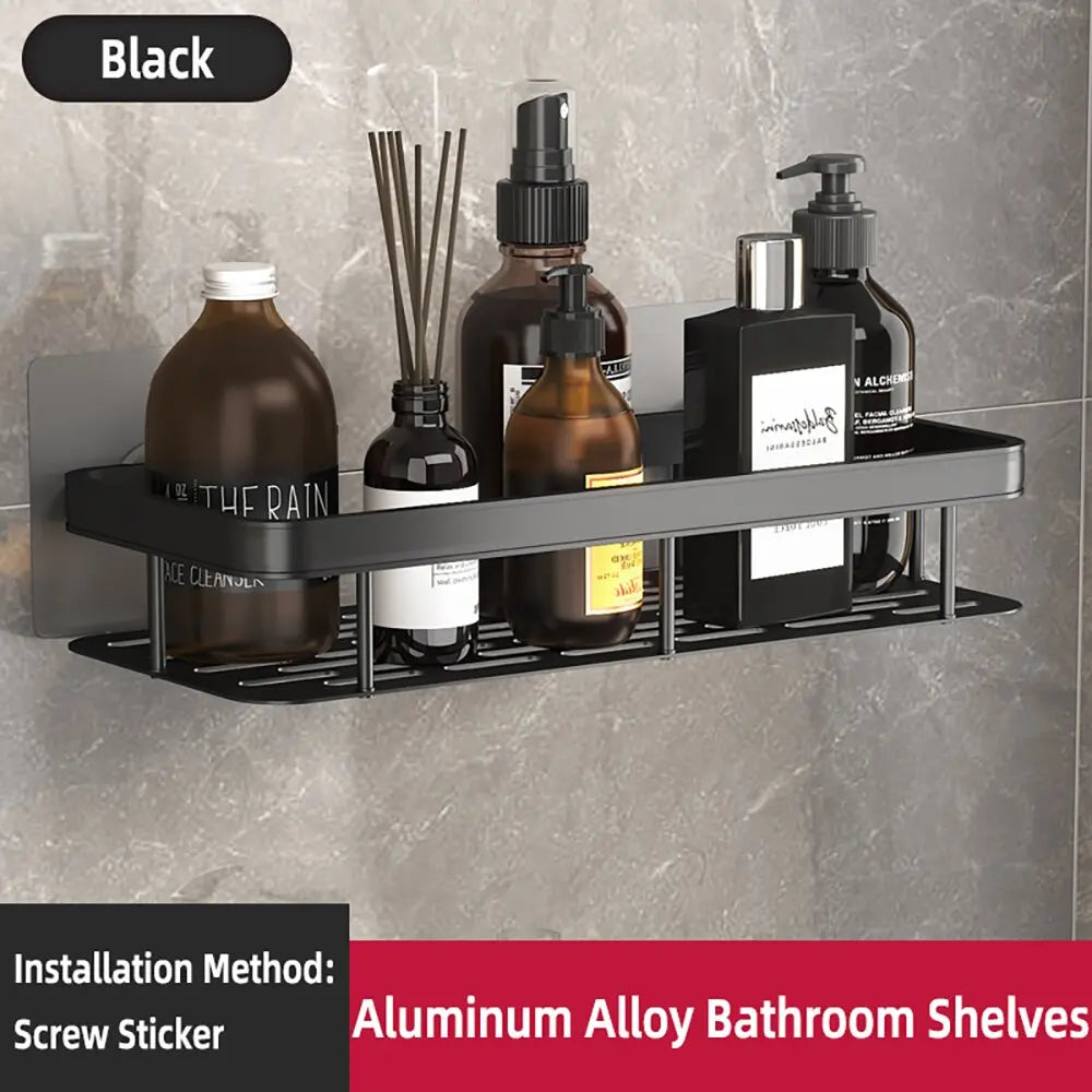 Wall-Mounted Aluminum Shampoo Rack – Bathroom Organizer with Towel Bar & Corner Shelf