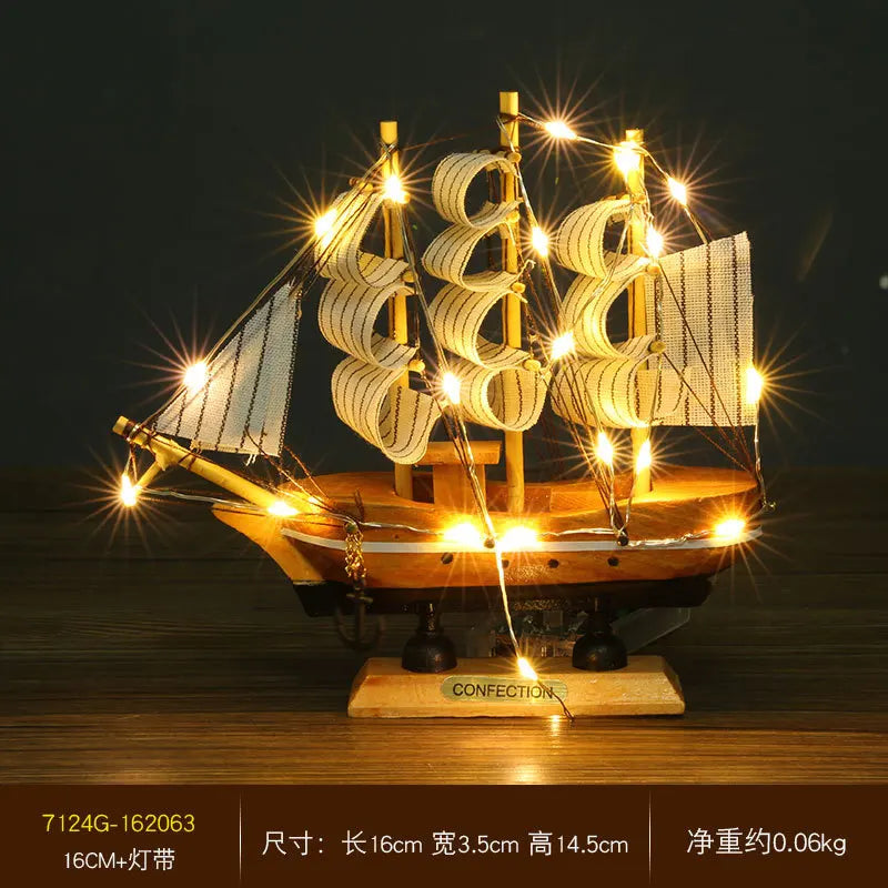 Pirate Ship Sailboat Model Wooden Small Boat Decoration with LED for Cake Ornaments & Tabletop, 16-20cm