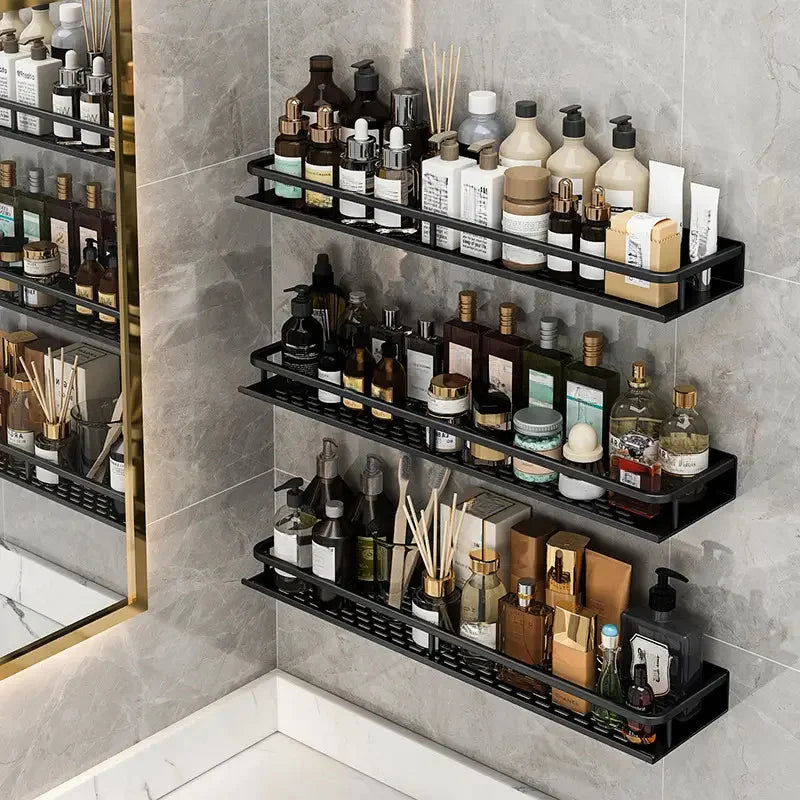 Black Wall-Mounted Bathroom Rack Shower Storage Shelf for Toiletries