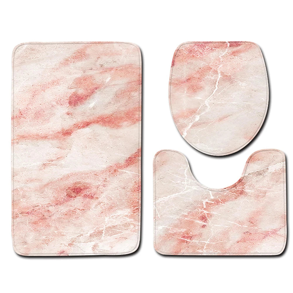 3PCS Marble Bath Mat Set – Anti-Slip Bathroom Rugs with Toilet Lid Cover & Pedestal Rug