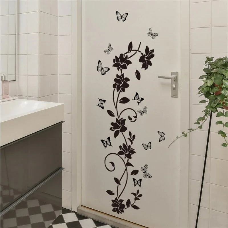 Black Floral Butterfly Wall Sticker – Self-Adhesive Bathroom Door, Bathtub, Bedroom Background Decor