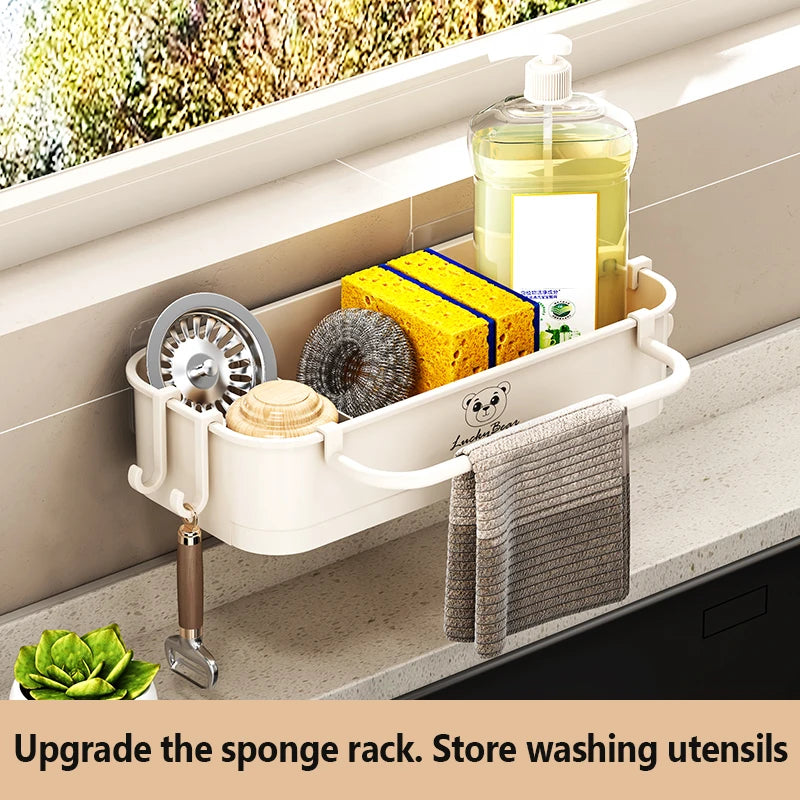 Kitchen Sink Caddy – Sponge Holder with Hooks, Divider & Soap Dispenser Brush Organizer