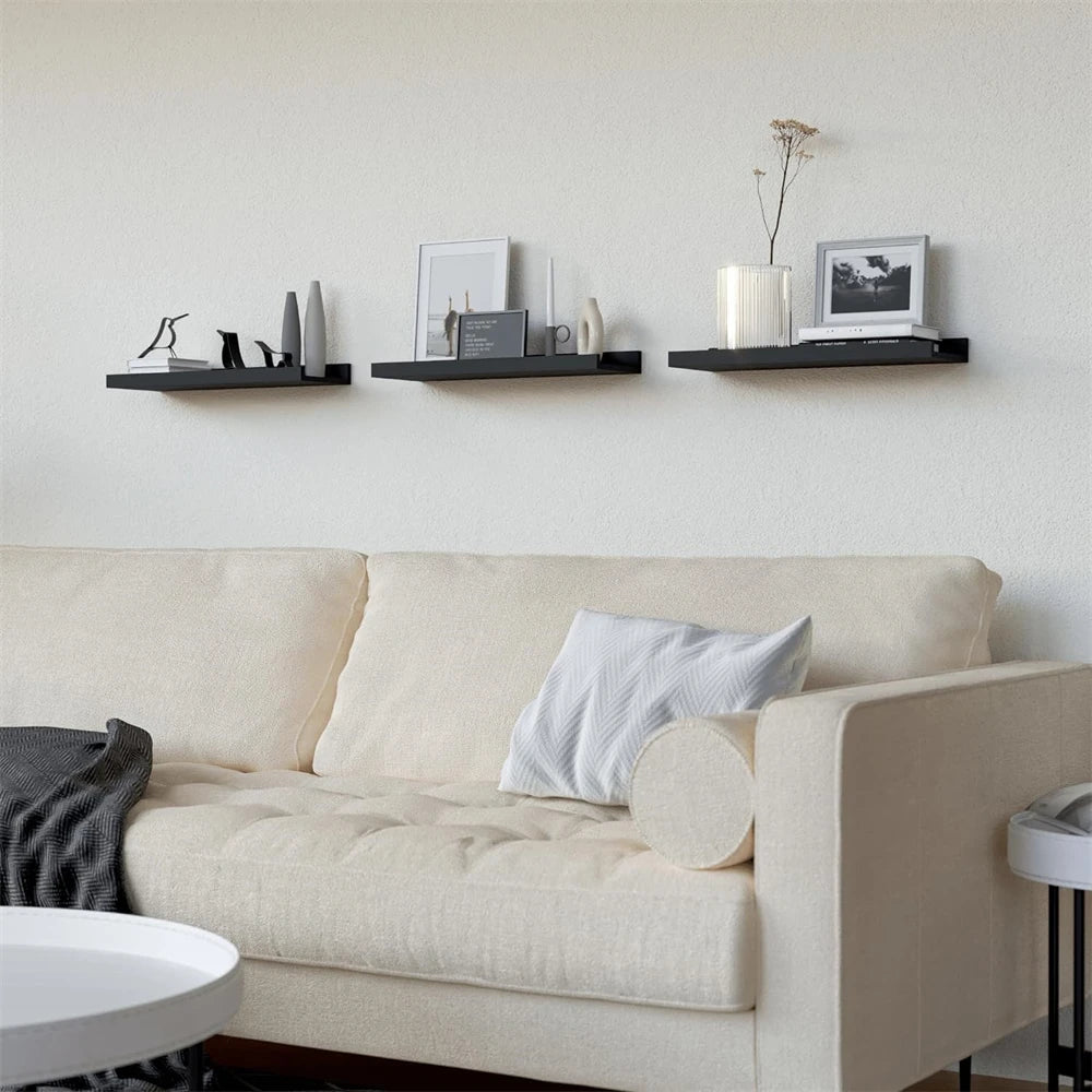 Set of 3 Floating Wall Shelves with Safety Ledge – Wall-Mounted Wooden Shelves for Home Décor