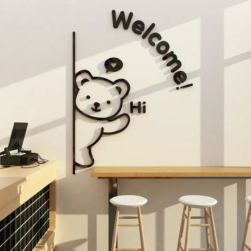 3D Acrylic Hello Bear & Cute Kitten Wall Stickers – Waterproof Animal Decorations for Windows, Doors & Smooth Surfaces