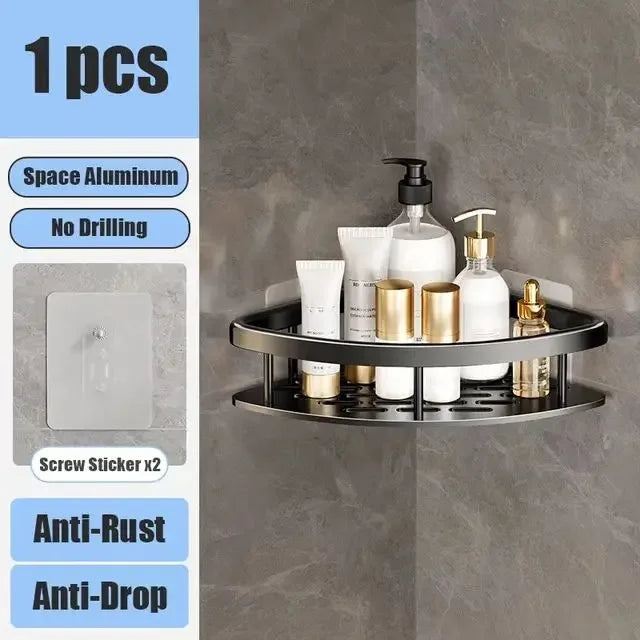 No-Drill Wall-Mounted Bathroom Shelf – Aluminum Shower & Toilet Storage Rack