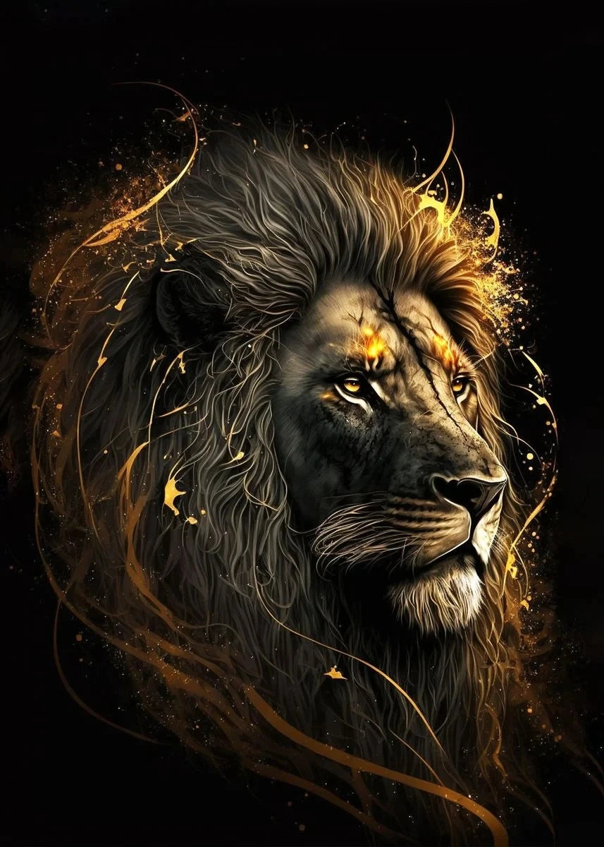 Black and Golden Light Lion Canvas Poster – Modern Animal Wall Art for Living Room