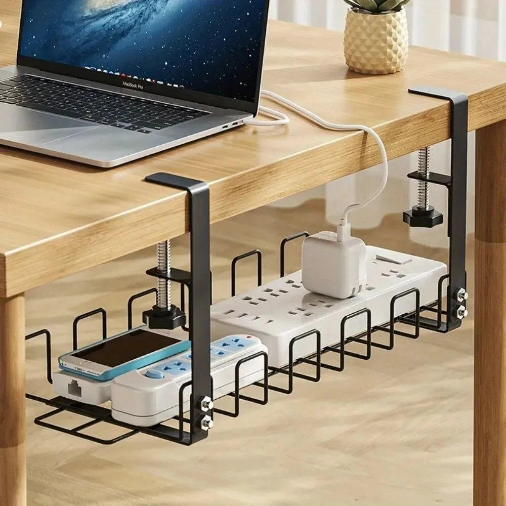 Under Table Storage Rack – Metal Cable Management Tray, No Punching Design for Home & Office